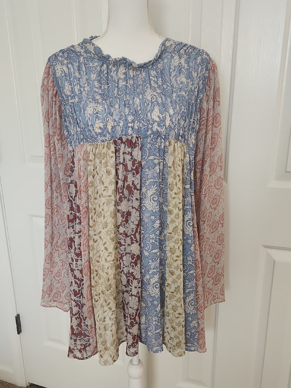 Free People Boho Patchwork Mini Dress in Blue, Cream, Mauve